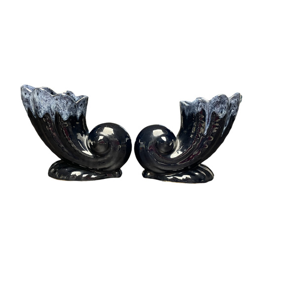 Vintage Anna Van Briggle Blue Drip Hi Fire Glaze Cornucopia Vases Set of 2 - Picture 1 of 8